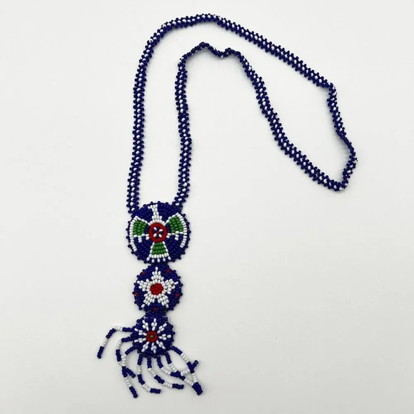 Vintage Handmade Blue Seed Bead Boho Necklace Dream catcher Hide Leather Back - Picture 3 of 8